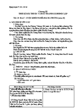 Giáo án Lịch sử 6 - Tiết 19, Bài 17: Cuộc khởi nghĩa Hai Bà Trưng (năm 40)