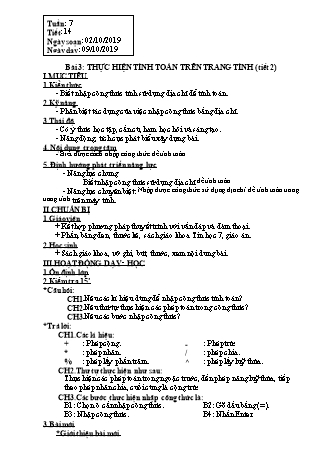 Giáo án phát triển năng lực Tin học 7 theo CV3280 - Tiết 14, Bài 3: Thực hiện tính toán trên trang tính (Tiết 2) - Năm học 2020-2021
