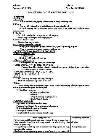 Giáo án phát triển năng lực Tin học 7 theo CV3280 - Tiết 18, Bài 4: Sử dụng các hàm để tính toán (Tiết 2) - Năm học 2020-2021