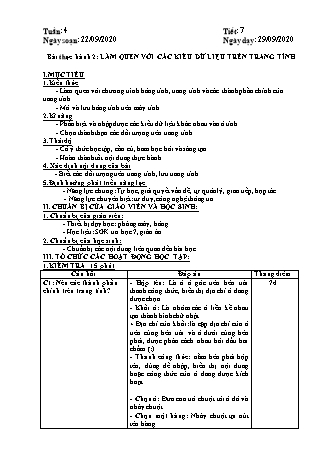 Giáo án phát triển năng lực Tin học 7 theo CV3280 - Tiết 7+8, Bài thực hành 2: Làm quen với các kiểu dữ liệu trên trang tính - Năm học 2020-2021