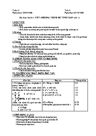 Giáo án phát triển năng lực Tin học 8 theo CV3280 - Tiết 9+10, Bài thực hành 2: Viết chương trình để tính toán - Năm học 2020-2021