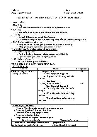 Giáo án phát triển năng lực Tin học 9 theo CV3280 - Tiết 9+10, Bài thực hành 2: Tìm kiếm thông tin trên Internet - Năm học 2020-2021