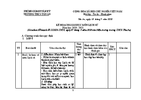 Kế hoạch giáo dục môn Lịch sử THCS - Chương trình cả năm - Năm học 2020-2021 - Trường THCS Tân An