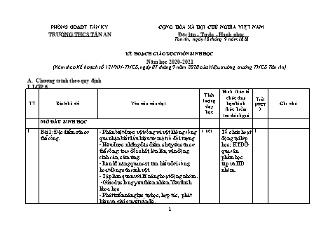 Kế hoạch giáo dục môn Sinh học THCS - Chương trình cả năm - Năm học 2020-2021 - Trường THCS Tân An