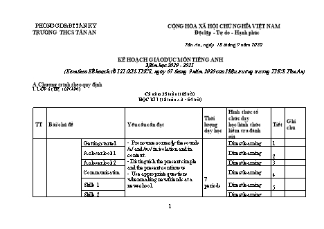 Kế hoạch giáo dục theo quy định  môn Tiếng Anh THCS - Chương trình cả năm - Năm học 2020-2021 - Trường THCS Tân An