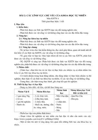 Giáo án Khoa học tự nhiên Lớp 6 Sách Chân trời sáng tạo - Mở đầu - Bài 2: Các lĩnh vực chủ yếu của khoa học tự nhiên