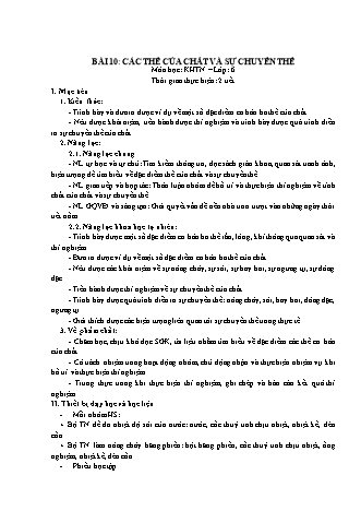 Giáo án Khoa học tự nhiên Lớp 6 Sách Kết nối tri thức với cuộc sống - Chương 2 - Bài 10: Các thể của chất và sự chuyển thể