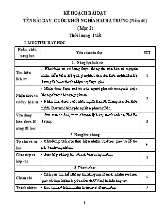 Kế hoạch bài dạy Lịch sử Lớp 6 - Bài: Cuộc khởi nghĩa Hai Bà Trưng (Năm 40)