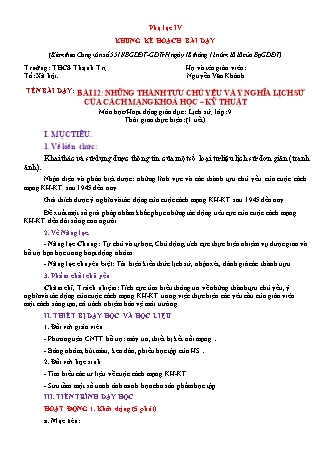 Kế hoạch bài dạy Lịch sử Lớp 9 theo CV5512 - Bài 12: Những thành tựu chủ yếu và ý nghĩa lịch sử của cách mạng khoa học, kỹ thuật - Nguyễn Văn Khánh