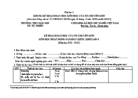 Kế hoạch dạy học của tổ chuyên môn Khoa học tự nhiên Khối 6 theo CV5512 - Chương trình cả năm - Năm học 2021-2022 - Trường THCS Bắc Sơn