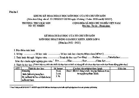 Kế hoạch dạy học của tổ chuyên môn Khoa học tự nhiên Lớp 6 theo CV5512 - Chương trình cả năm - Năm học 2021-2022 - Trường THCS Bắc Sơn