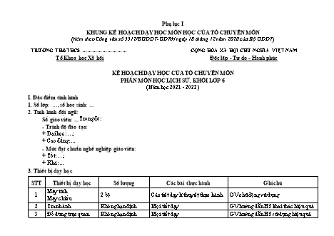 Kế hoạch dạy học của tổ chuyên môn Lịch sử Lớp 6 Sách Chân trời sáng tạo theo CV5512 - Chương trình cả năm - Năm học 2021-2022