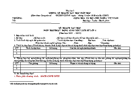 Kế hoạch dạy học Lịch sử Lớp 6 Sách Cánh diều - Chương trình cả năm - Năm học 2021-2022