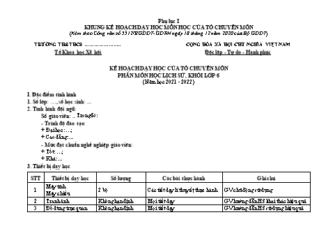 Kế hoạch dạy học Lịch sử Lớp 6 Sách Cánh diều theo CV5512 - Chương trình cả năm - Năm học 2021-2022