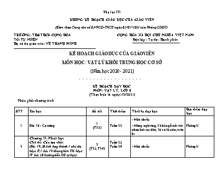 Kế hoạch dạy học Vật lí THCS - Năm học 2020-2021 - Trường THCS Cộng Hòa