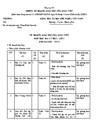 Kế hoạch giáo dục của giáo viên Địa lí 6 theo CV5512 - Chương trình học kì 2 - Năm học 2020-2021