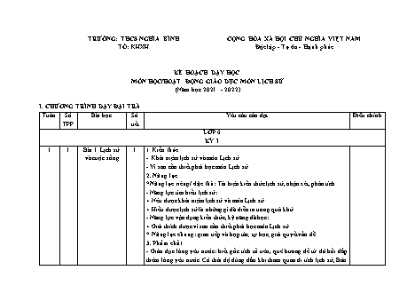 Kế hoạch giáo dục Lịch sử Lớp 6 Sách Kết nối tri thức với cuộc sống - Chương trình cả năm - Năm học 2021-2022 - Trường THCS Nghĩa Bình