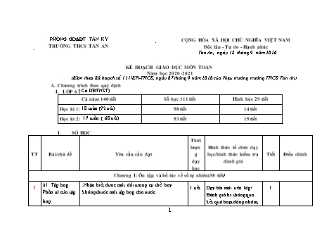 Kế hoạch giáo dục môn Toán THCS - Chương trình cả năm - Năm học 2021-2022 - Trường THCS Tân An