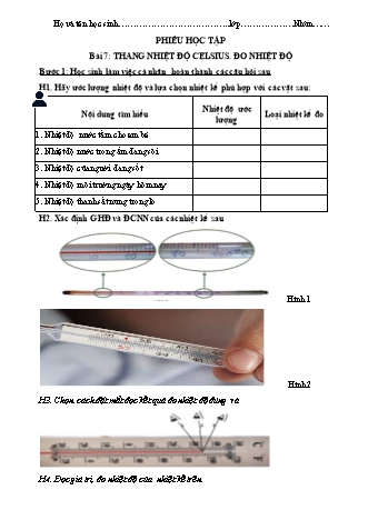 Phiếu học tập Khoa học tự nhiên Lớp 6 Sách Chân trời sáng tạo - Chủ đề 1 - Bài 7: Thang nhiệt độ Celsius. Đo nhiệt độ