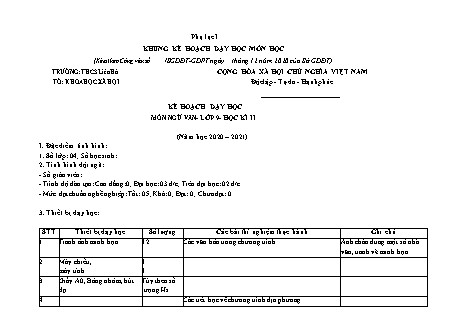 Kế hoạch dạy học Ngữ văn Lớp 9 - Chương trình học kì 2 - Năm học 2020-2021 - Trường THCS Liên Hà