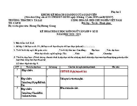 Kế hoạch dạy học Ngữ văn Lớp 9 theo CV5512 - Chương trình học kì 2 - Năm học 2020-2021 - Trường THCS Tà Lại