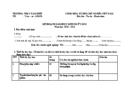 Kế hoạch giáo dục Ngữ văn Lớp 6 - Chương trình cả năm - Năm học 2020-2021 - Trường THCS Tam Hiệp