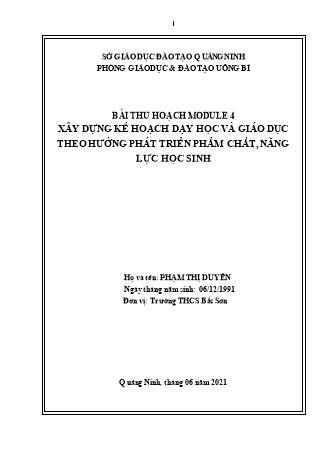 Bài thu hoạch module 4: Xây dựng kế hoạch dạy học và giáo dục theo hướng phát triển phẩm chất, năng lực học sinh - Phạm Thị Duyên