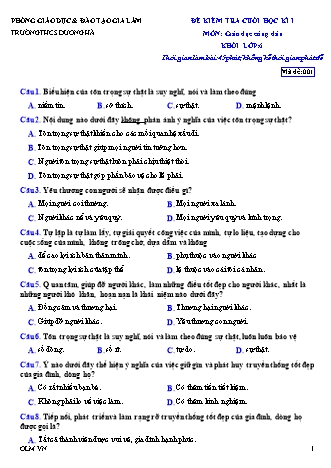 Đề kiểm tra cuối học kì 1 Giáo dục công dân Lớp 6 - Trường THCSDương Hà (Có đáp án)