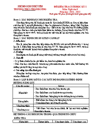 Đề kiểm tra cuối học kì 1 Ngữ văn Lớp 6 - Năm học 2021-2022 - Trường THCS Thành Công (Có hướng dẫn chấm)