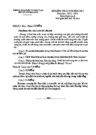 Đề kiểm tra cuối học kì 1 Ngữ văn Lớp 8 - Năm học 2020-2021 - Phòng giáo dục và đào tạo huyện Ninh Giang (Có hướng dẫn chấm)