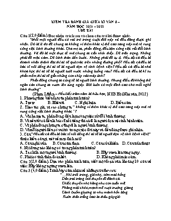 Đề kiểm tra đánh giá giữa kì Ngữ văn Lớp 8 - Năm học 2021-2022 (Có hướng dẫn chấm)