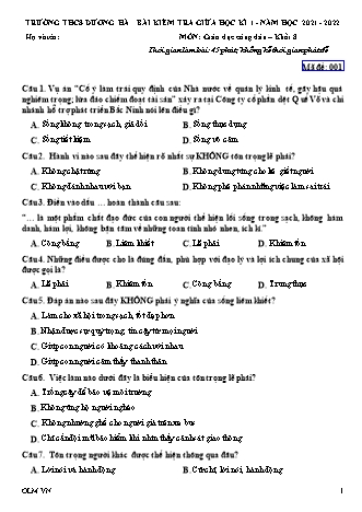 Đề kiểm tra giữa học kì 1 Giáo dục công dân Lớp 8 - Mã đề: 001 - Trường THCS Dương Hà (Có đáp án)