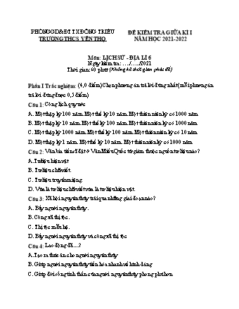 Đề kiểm tra giữa học kì 1 Lịch sử và Địa lí Lớp 6 - Năm học 2021-2022 - Trường THCS Yên Thọ (Có đáp án)