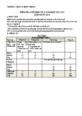 Đề kiểm tra giữa học kì 1 Ngữ văn Lớp 6 - Năm học 2021-2022 - Trường THCS Lê Hồng Phong (Có đáp án)