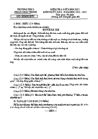 Đề kiểm tra giữa học kì 1 Ngữ văn Lớp 8 - Năm học 2021-2022 - Trường THCS Phan Châu Trinh (Có hướng dẫn chấm)