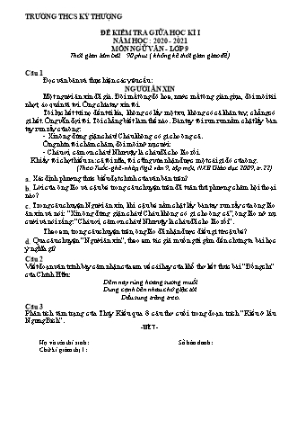 Đề kiểm tra giữa học kì 1 Ngữ văn Lớp 9 - Năm học 2020-2021 - Trường THCS Kỳ Thượng (Có hướng dẫn chấm)