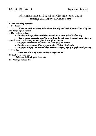 Đề kiểm tra giữa học kì 2 Ngữ văn Lớp 9 - Năm học 2020-2021 (Có hướng dẫn chấm)