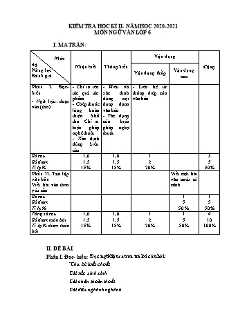 Đề kiểm tra học kì 2 Ngữ văn Lớp 6 - Năm học 2020-2021 (Có hướng dẫn chấm)