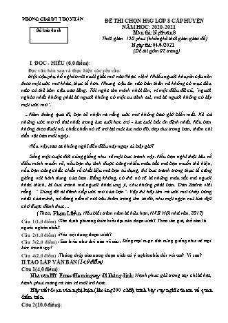 Đề thi chọn học sinh giỏi cấp huyện Ngữ văn Lớp 8 - Năm học 2020-2021 - Phòng giáo dục và đào tạo Thọ Xuân (Có hướng dẫn chấm)