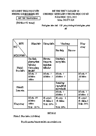 Đề thi thử vào lớp 10 môn Ngữ văn - Năm học 2021-2022 - Sở giáo dục dào tạo Thái Nguyên (Có đáp án)