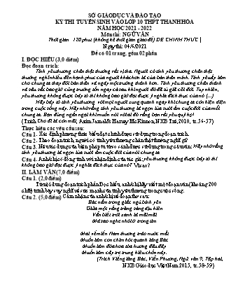 Đề thi tuyển sinh vào Lớp 10 THPT môn Ngữ văn - Năm học 2021-2022 (Có hướng dẫn chấm)