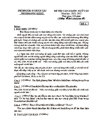 Đề thi vào Lớp 10 môn Ngữ văn - Năm học 2021-2022 - Phòng giáo dục và đào tạo Ngọc Lặc (Có hướng dẫn chấm)