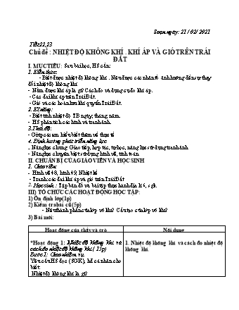 Giáo án Địa lí Lớp 6 - Tiết 22+23: Nhiệt độ không khí. Khí áp và gió trên Trái Đất - Năm học 2020-2021
