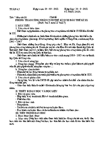 Giáo án Lịch sử Lớp 8 - Tuần 4+5: Phong trào công nhân cuối thế kỷ XVIII đầu thế kỷ XX - Năm học 2021-2022