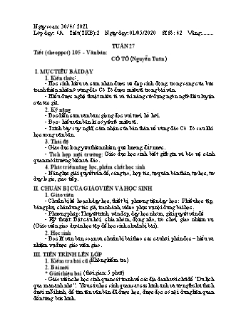 Giáo án Ngữ văn Lớp 6 - Tiết 105: Văn bản Cô Tô - Năm học 2020-2021