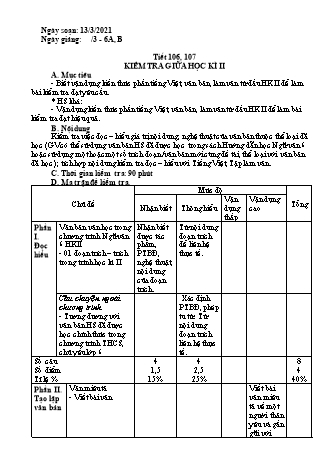 Giáo án Ngữ văn Lớp 6 - Tiết 106+107: Kiểm tra giữa học kì 2 - Năm học 2020-2021