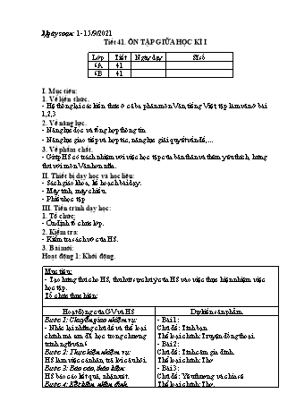 Giáo án Ngữ văn Lớp 6 - Tiết 41: Ôn tập giữa học kì 1 - Năm học 2021-2022