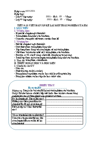 Giáo án Ngữ văn Lớp 6 - Tiết 9-13: Viết bài văn kể lại một trải nghiệm của em - Năm học 2021-2022