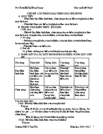 Giáo án Ngữ văn Lớp 8 - Chủ đề: Câu phân loại theo mục đích nói - Nguyễn Thị Hồng Trang