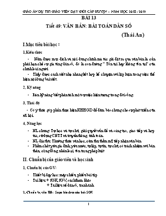 Giáo án Ngữ văn Lớp 8 - Tiết 49: Văn bản "Bài toán dân số" - Năm học 2018-2019